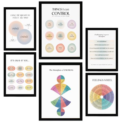 Set Di 6 Stampe Benessere Incorniciato Con Illustrazioni Di Design Per Decorare Le Pareti Della Tua Casa. Negozio Di Pittura. A3 & A4 Cornice Nera - Foto 1