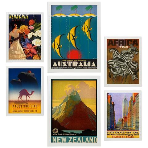 Set Di 6 Stampe Da Nord A Sud Illustrazioni A Colori Di Cartelloni Turistici D'epoca Provenienti Da Tutto Il Mondo A3 & A4 Cornice Bianca - Foto 1