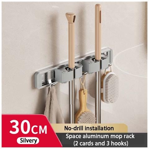 Wall-mounted Broom Holder Silver - 30cm, 2 Clips 3 Hooks, Mop And Broom Organizer - Foto 2