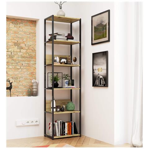 Scaffale stile loft con ripiani in legno, 6 ripiani, 50x32x192 cm, Colore Nero e Quarcia Artisan - Foto 5