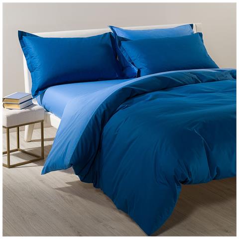Completo Copripiumino Bicolor In Cotone Colore Blu Misura Matrimoniale - Foto 1