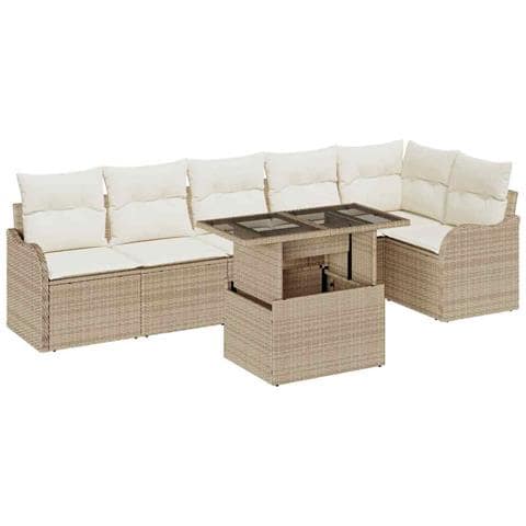 Set divano giardino  7 pezzi con cuscini beige in polyrattan, Divano giardino  2 posti con cuscini beige in polyrattan - Foto 1