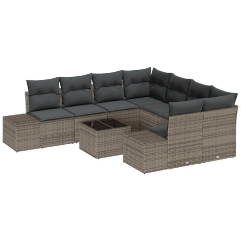 Set Divano da Giardino 9 Pezzi con Cuscini Grigio Polyrattan - Foto 1