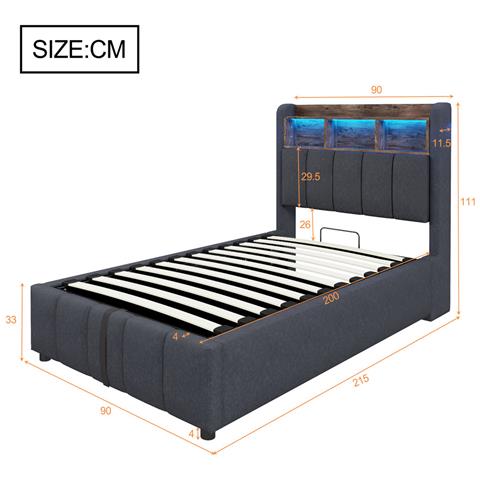 Letto Idraulico Imbottito 90x200cm Con Illuminazione A Led E Presa Usb, Testiera Con Contenitore, Letto Singolo Per Bambini, Lino, Grigio, Senza Materasso - Foto 2