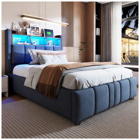 Letto Idraulico Imbottito 90x200cm Con Illuminazione A Led E Presa Usb, Testiera Con Contenitore, Letto Singolo Per Bambini, Lino, Grigio, Senza Materasso - Foto 4