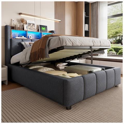 Letto Idraulico Imbottito 90x200cm Con Illuminazione A Led E Presa Usb, Testiera Con Contenitore, Letto Singolo Per Bambini, Lino, Grigio, Senza Materasso - Foto 1