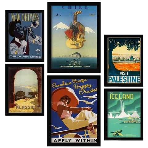 Set Di 6 Stampe Paese E Città Illustrazioni A Colori Di Cartelloni Turistici D'epoca Provenienti Da Tutto Il Mondo A3 & A4 Cornice Nera - Foto 1