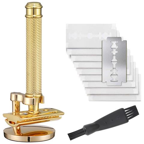 Rasoio Di Sicurezza Manuale In Rame Con Effetto Increspato, Supporto E Set Di 10 Lame Gold - Foto 1