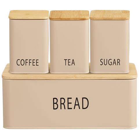 Set Cucina Tula: Panettiera E 3 Contenitori In Metallo Beige E Bambù - Foto 1