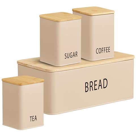 Set Cucina Tula: Panettiera E 3 Contenitori In Metallo Beige E Bambù - Foto 2