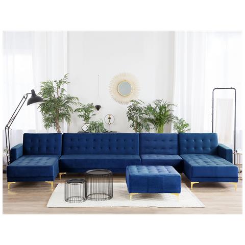 Divano Grande Con Ottomana Aberdeen Blu Marino Velluto Simmetrico - Foto 8