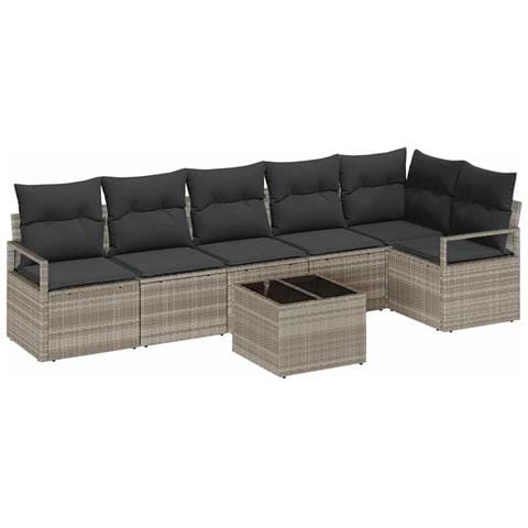 Set Divano da Giardino  7 Pezzi con Cuscini Grigio Polyrattan, Divano da Giardino  2 Posti con Cuscini Grigio Polyrattan - Foto 1