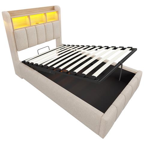 Letto Idraulico Imbottito 90x200cm Con Illuminazione A Led E Presa Usb, Testiera Con Contenitore, Letto Singolo Per Bambini, Lino, Beige, Senza Materasso - Foto 2