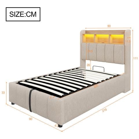 Letto Idraulico Imbottito 90x200cm Con Illuminazione A Led E Presa Usb, Testiera Con Contenitore, Letto Singolo Per Bambini, Lino, Beige, Senza Materasso - Foto 4
