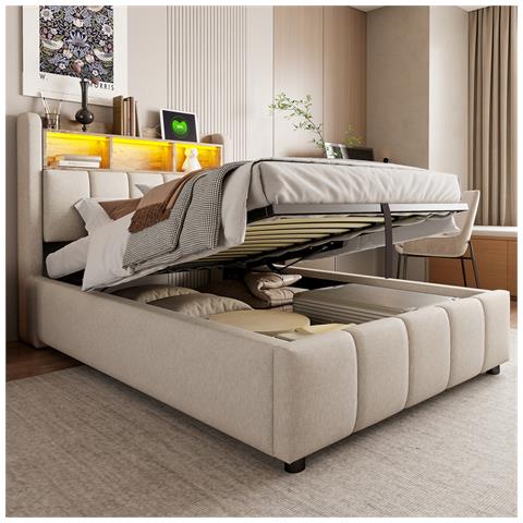 Letto Idraulico Imbottito 90x200cm Con Illuminazione A Led E Presa Usb, Testiera Con Contenitore, Letto Singolo Per Bambini, Lino, Beige, Senza Materasso - Foto 1