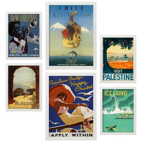Set Di 6 Stampe Paese E Città Illustrazioni A Colori Di Cartelloni Turistici D'epoca Provenienti Da Tutto Il Mondo A3 & A4 Cornice Bianca - Foto 1
