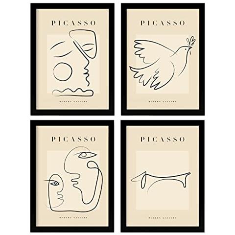 Set Di 4 Stampe Illustrazioni Di Picasso Pace Illustrazioni A Linea Singola In Galleria D'arte Dipinti Per La Decorazione Di Interni Cornice Nera A3 - Foto 1