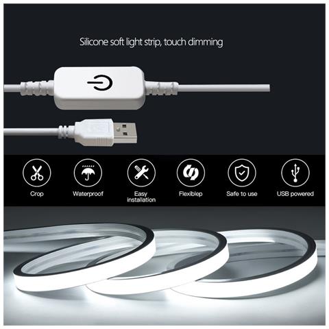 Striscia Led Neon Monocolore Dimmerabile Al Tocco Usb - Bianco Neutro 4000k Con Adesivo  4 M - Foto 7