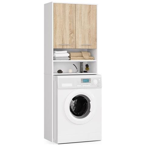 Mobile Alto, Collona da Bagno FIN per Lavatrice, 2 ante, 64x30x180 cm, Colore Bianco e Sonoma Quercia - Foto 1