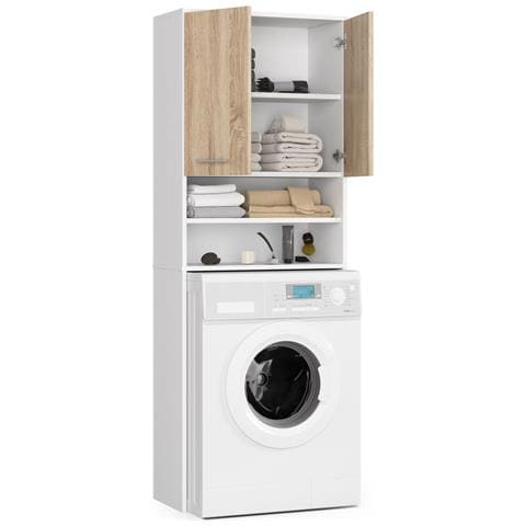 Mobile Alto, Collona da Bagno FIN per Lavatrice, 2 ante, 64x30x180 cm, Colore Bianco e Sonoma Quercia - Foto 2