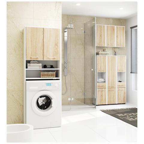 Mobile Alto, Collona da Bagno FIN per Lavatrice, 2 ante, 64x30x180 cm, Colore Bianco e Sonoma Quercia - Foto 5