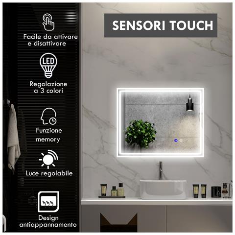 Specchio Bagno Con Luce Led 3 Livelli Rettangolare, Antiappannamento E Interruttore Touch, 90x70cm - Foto 2