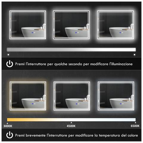 Specchio Bagno Con Luce Led 3 Livelli Rettangolare, Antiappannamento E Interruttore Touch, 90x70cm - Foto 6