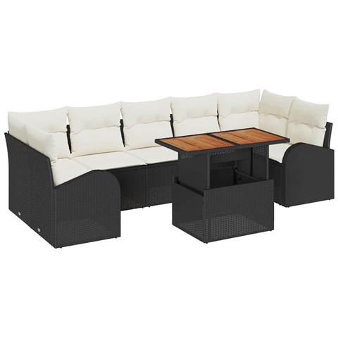 Set di divani da giardino  8 pezzi con cuscini neri in polirattan, Divano da giardino a 2 posti  con spazio di archiviazione e cuscini neri in polirattan - Foto 1