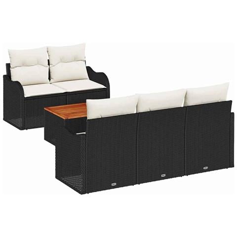 Set divano da giardino 6 pezzi con cuscini Nero Polyrattan Acacia, Divano da giardino 2 posti con storage e cuscini Nero Polyrattan - Foto 1