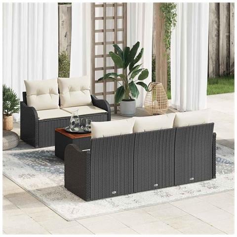 Set divano da giardino 6 pezzi con cuscini Nero Polyrattan Acacia, Divano da giardino 2 posti con storage e cuscini Nero Polyrattan - Foto 2