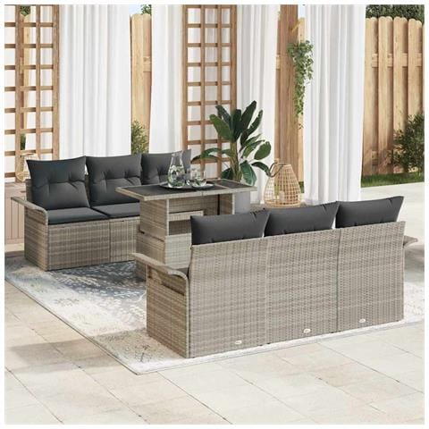 Set Divano Giardino  7 Pezzi con Cuscini Grigio Chiaro in Rattan PE, Divano Giardino  2 Posti con Ripostiglio e Cuscini Grigio Chiaro in Rattan PE - Foto 2