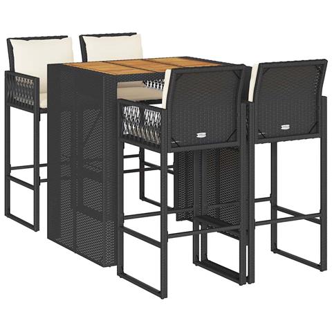 Set Bar da Giardino 5 pz con Cuscini Nero in Polyrattan Acacia - Foto 1