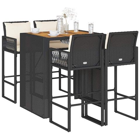 Set Bar da Giardino 5 pz con Cuscini Nero in Polyrattan Acacia - Foto 2