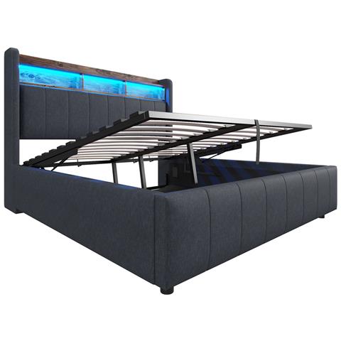 Letto Idraulico Imbottito 140x200cm Con Illuminazione A Led E Presa Usb, Testiera Con Contenitore E Ripiani, Letto Matrimoniale Per Adulti, Tessuto Lino, Grigio, Senza Materasso - Foto 2