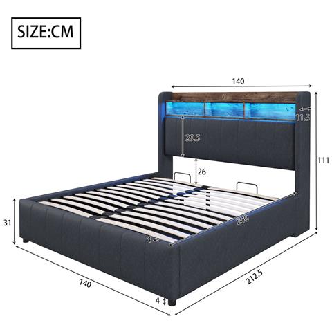 Letto Idraulico Imbottito 140x200cm Con Illuminazione A Led E Presa Usb, Testiera Con Contenitore E Ripiani, Letto Matrimoniale Per Adulti, Tessuto Lino, Grigio, Senza Materasso - Foto 4