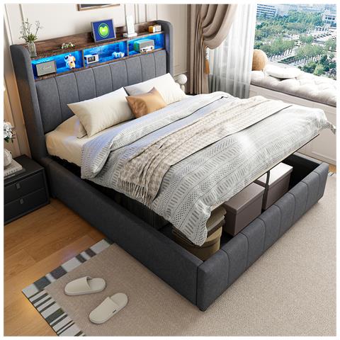 Letto Idraulico Imbottito 140x200cm Con Illuminazione A Led E Presa Usb, Testiera Con Contenitore E Ripiani, Letto Matrimoniale Per Adulti, Tessuto Lino, Grigio, Senza Materasso - Foto 1
