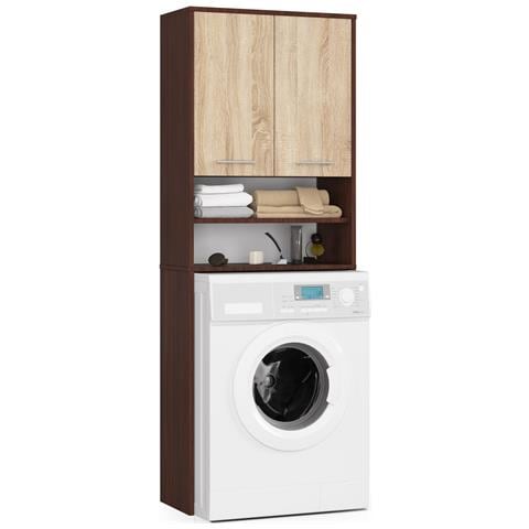 Mobile Alto, Collona da Bagno FIN per Lavatrice, 2 ante, 64x30x180 cm, Colore Weng? e Sonoma Quercia - Foto 1