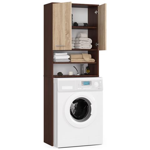 Mobile Alto, Collona da Bagno FIN per Lavatrice, 2 ante, 64x30x180 cm, Colore Weng? e Sonoma Quercia - Foto 2