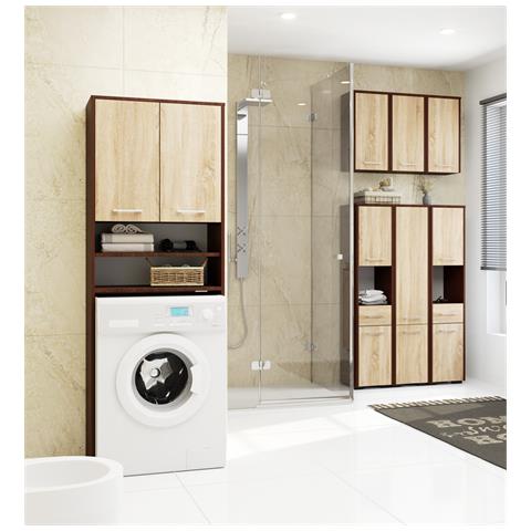 Mobile Alto, Collona da Bagno FIN per Lavatrice, 2 ante, 64x30x180 cm, Colore Weng? e Sonoma Quercia - Foto 5