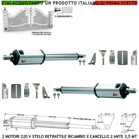 Motori Elettromeccanici Stelo Retrattile Corsa 600 Mm 230 V Per Cancello Battente 7 Metri 2 Ante 3,5 Mt Spinta 250 Kg - Foto 1