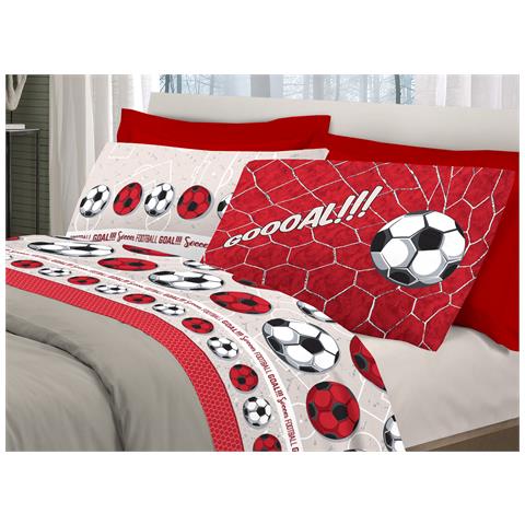 Completo Lenzuola Linea Pensieri Delicati 100% Cotone Disegno Calcio Piazza E Mezza Rosso - Foto 1