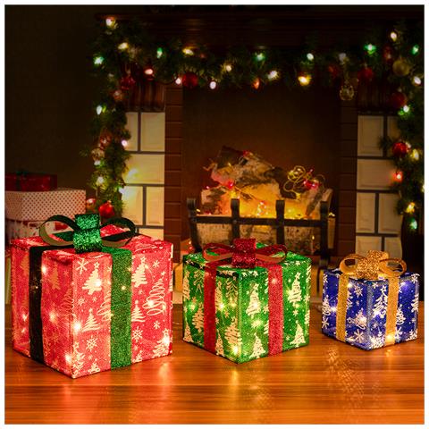 Set 3 Pacchetti Pacchi Regalo Natalizi Luminosi Natale Multicolore Bianco Caldo - Foto 1