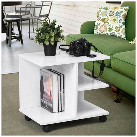 Tavolino Salotto Multifunzione Porta Tv Riviste Comodino Con Ruote Legno Bianco - Foto 2