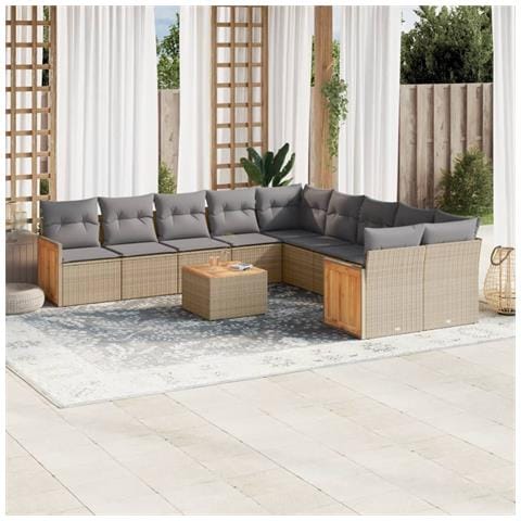 Set Divani Da Giardino 11 Pz Con Cuscini Beige In Polyrattan - Foto 1