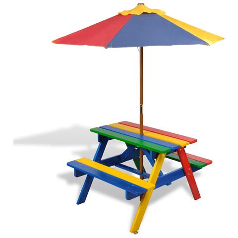 Lusso Casadino -  Tavolo E Panchine Per Bambini Con Parasole Legno Multicolore - Foto 2