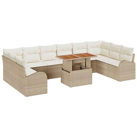 Set da Pranzo da Giardino 11 Pezzi con Cuscini Beige Rattan Acacia - Foto 1