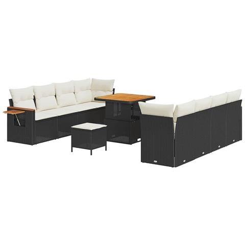 Set di Sofà da Giardino con Cuscini da 11 Pezzi Black Poly Rattan Acacia, Set di Pranzo da Giardino con Cuscini Black Poly Rattan Acacia da 3 Pezzi - Foto 1