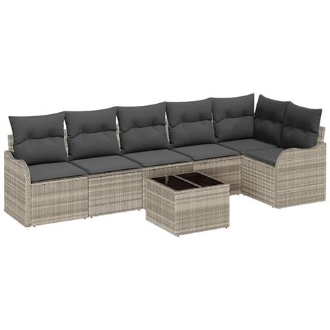 Set Divano da Giardino  7 Pezzi con Cuscini Grigio Polyrattan, Divano da Giardino  2 Posti con Storage&Cuscini Grigio Chiaro Polyrattan - Foto 1