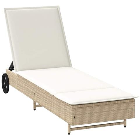 Lettino Prendisole con Ruote e Cuscino in Polyrattan Beige - Foto 1