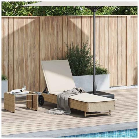 Lettino Prendisole con Ruote e Cuscino in Polyrattan Beige - Foto 2